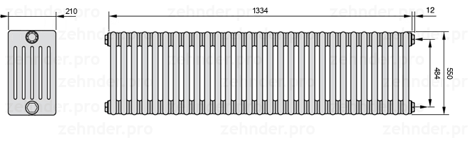 Схема (чертеж) Радиатор Zehnder Charleston 6055/29 №7610 Белый глянцевый RAL 9016